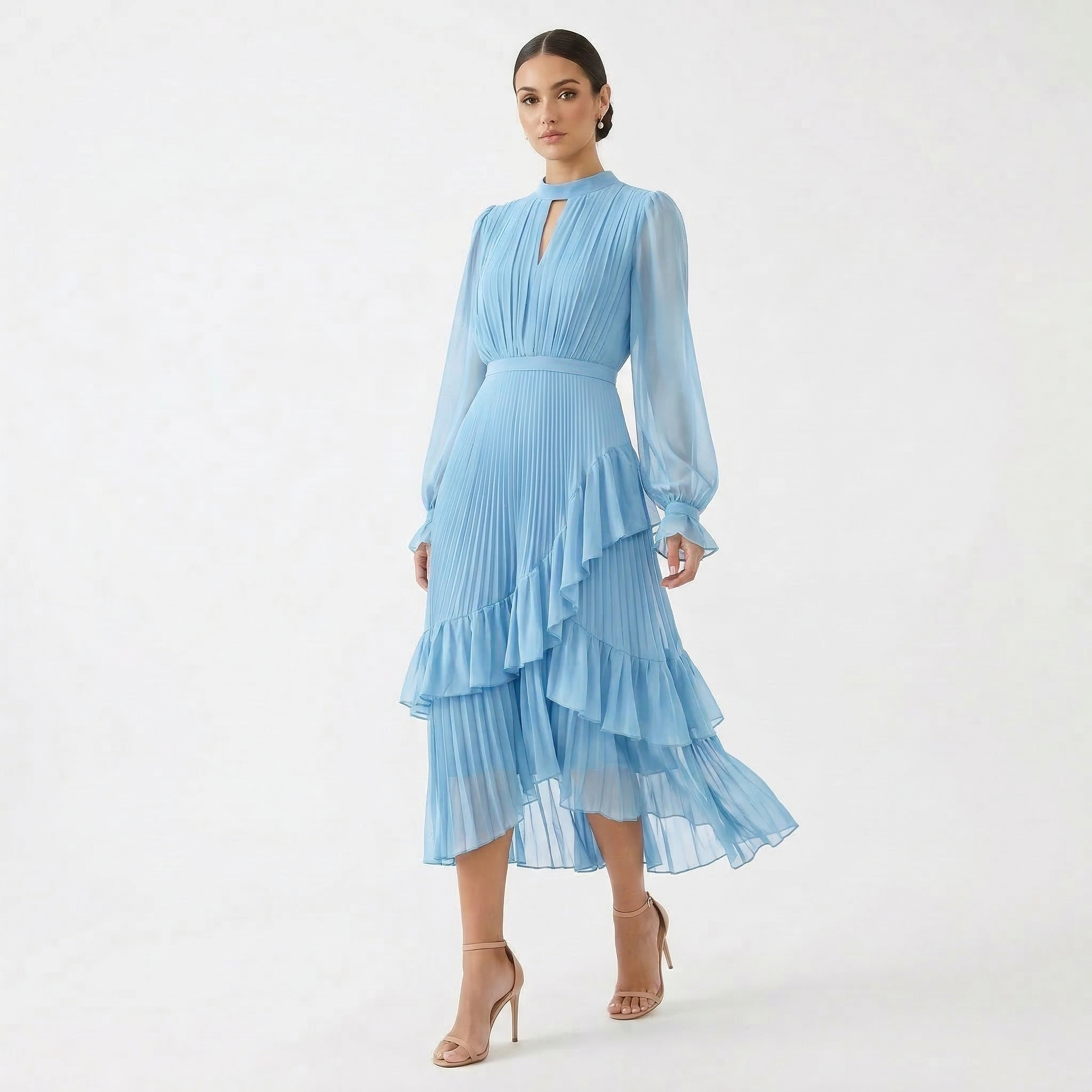 Paloma | Vestido Midi Plisado con Volantes Mujer Cuello Alto