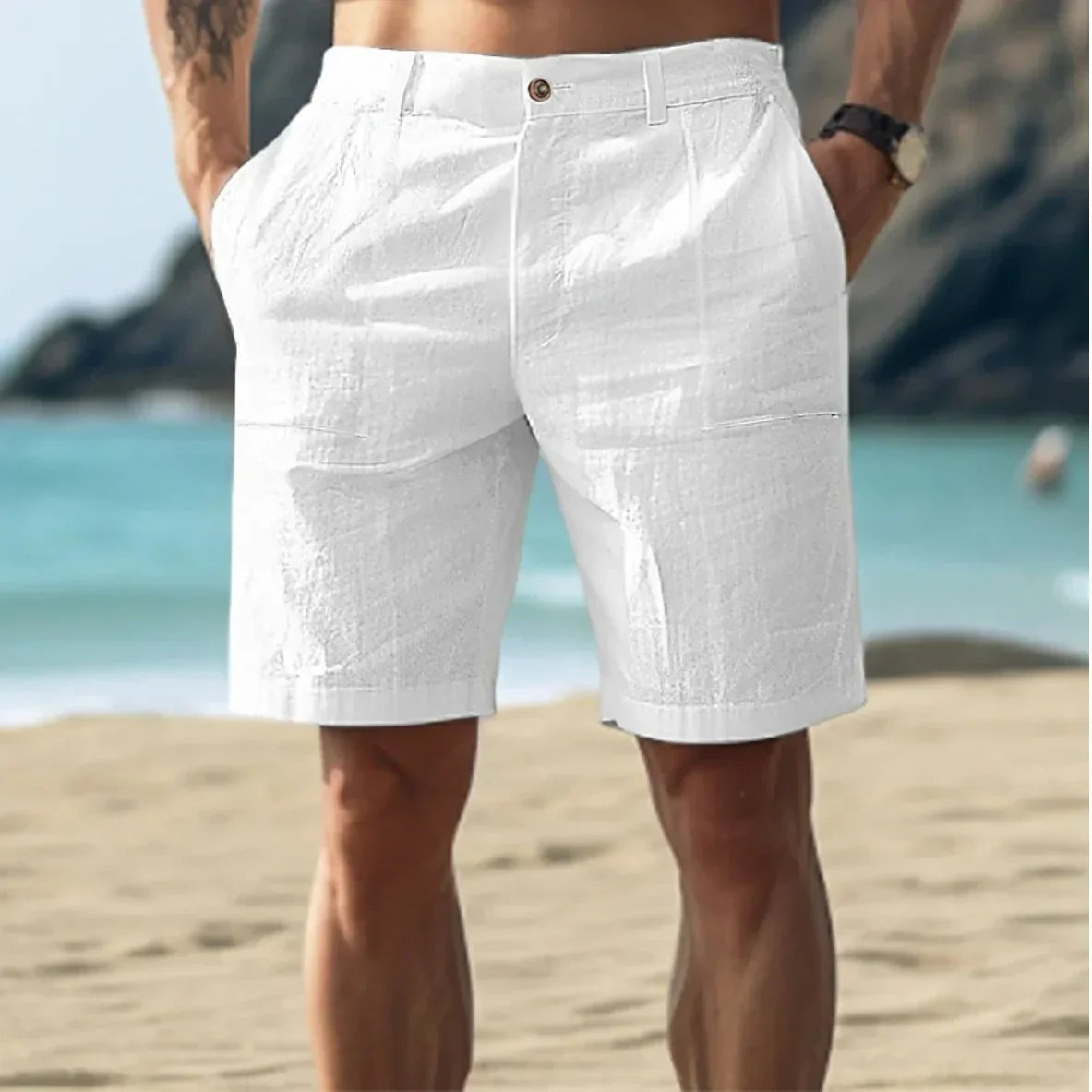 Pantalón Corto de Lino Hombre Cintura Media