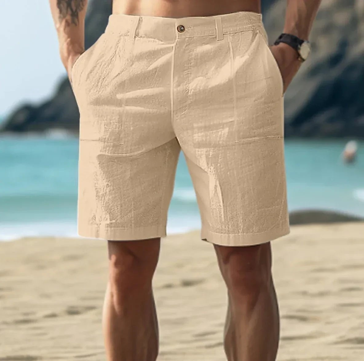 Pantalón Corto de Lino Hombre Cintura Media