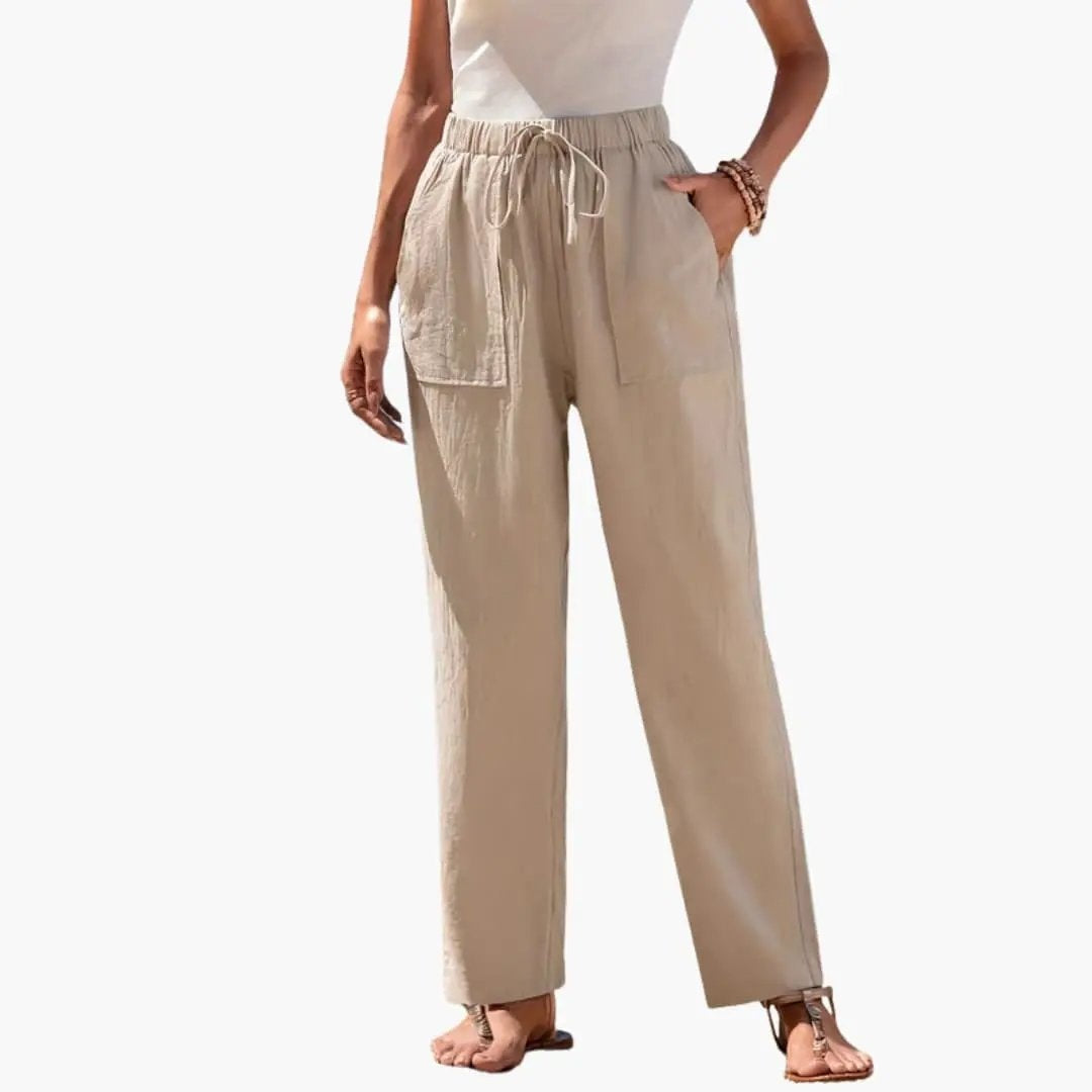 Pantalón de Lino con Cordón Ajustable Mujer Bolsillos