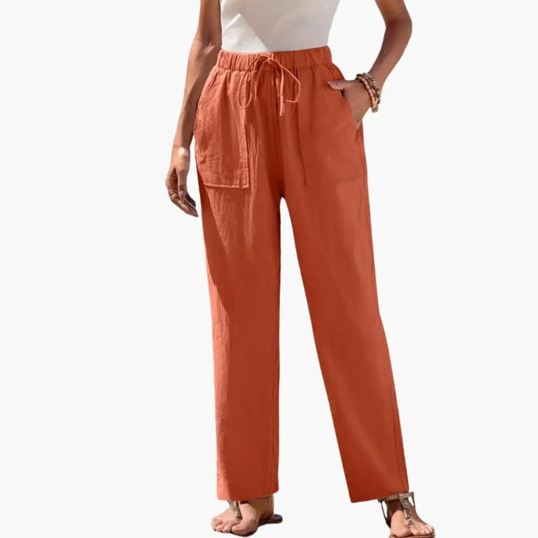 Pantalón de Lino con Cordón Ajustable Mujer Bolsillos