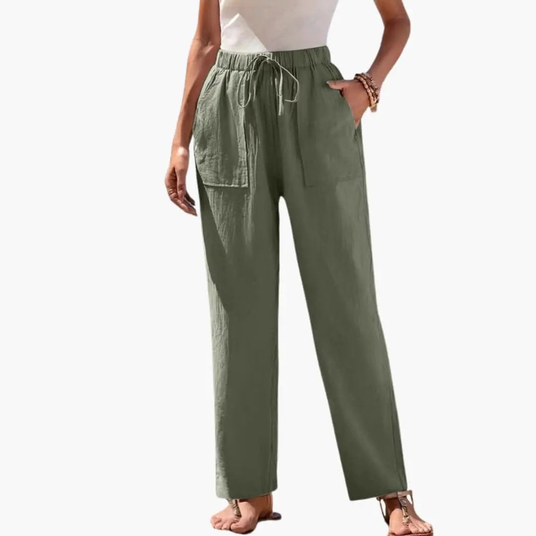 Pantalón de Lino con Cordón Ajustable Mujer Bolsillos