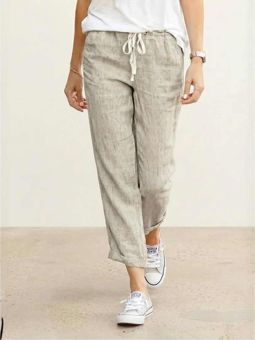 Pantalón de Lino con Cordón Mujer Tobillos