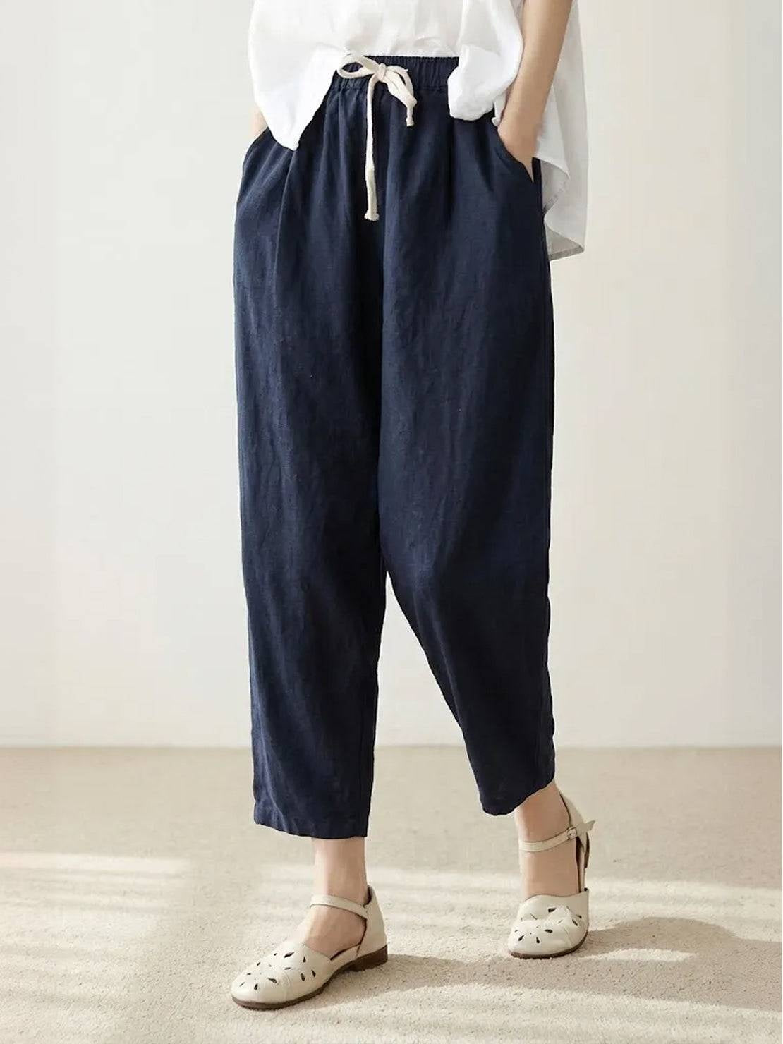 Pantalón de Lino con Cordón Mujer Tobillos