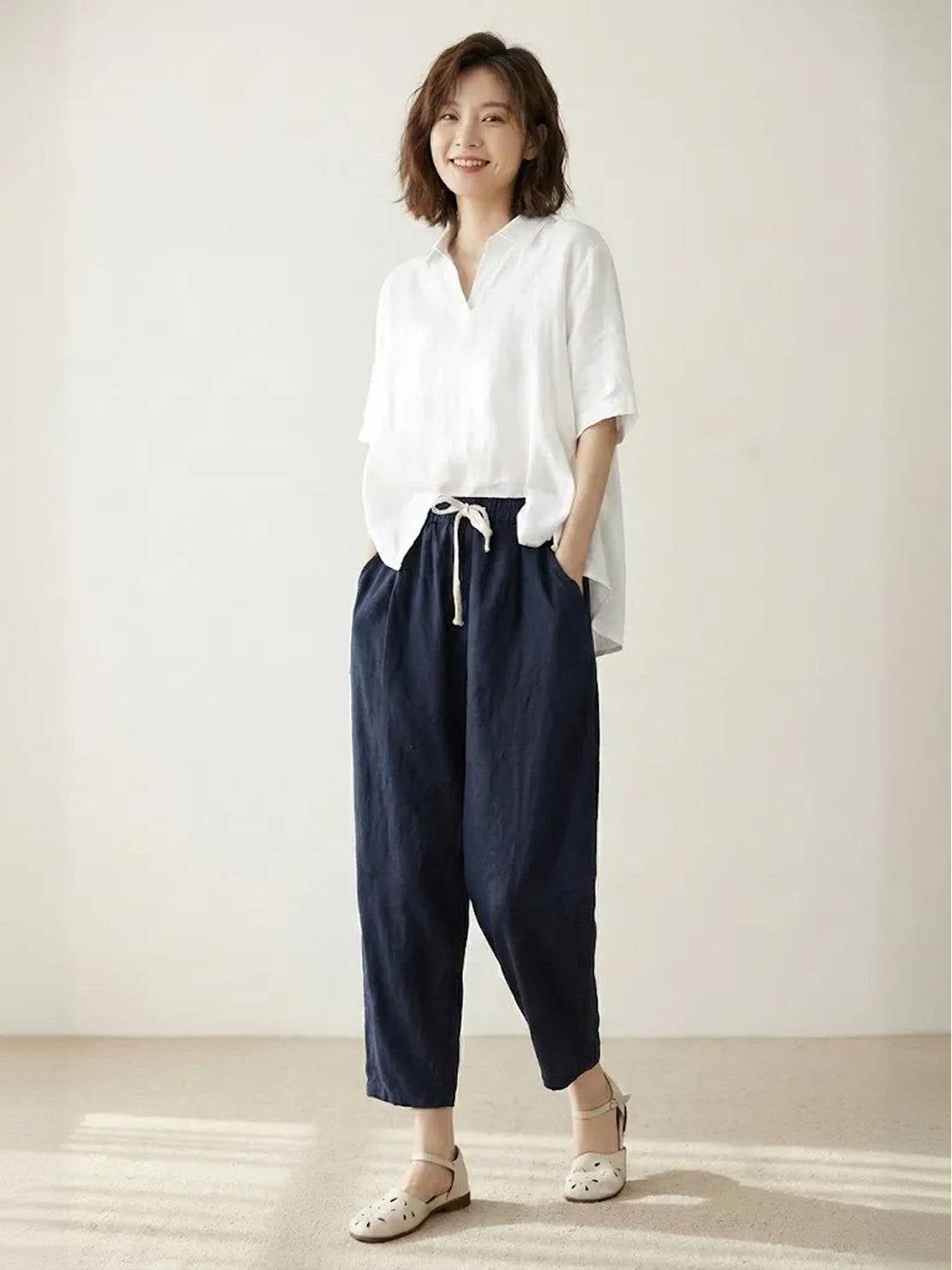 Pantalón de Lino con Cordón Mujer Tobillos