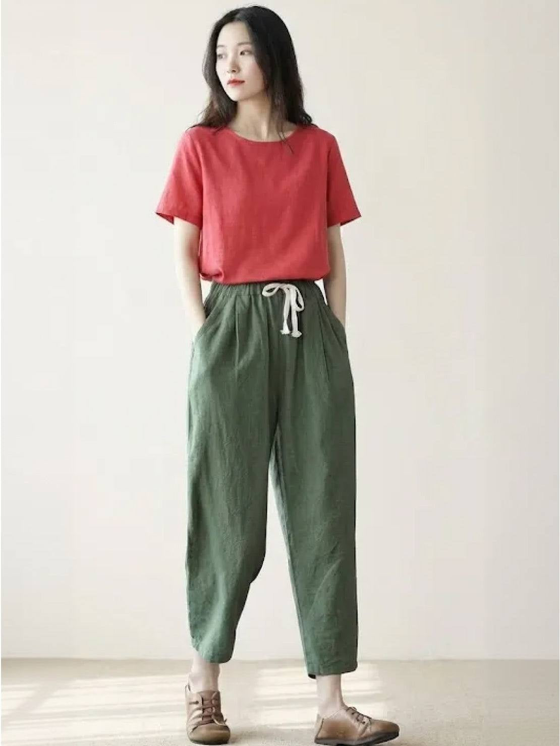 Pantalón de Lino con Cordón Mujer Tobillos