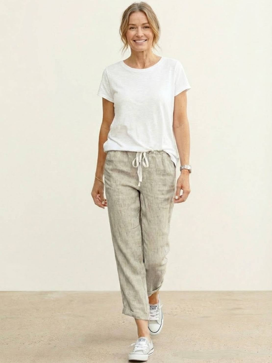 Pantalón de Lino con Cordón Mujer Tobillos