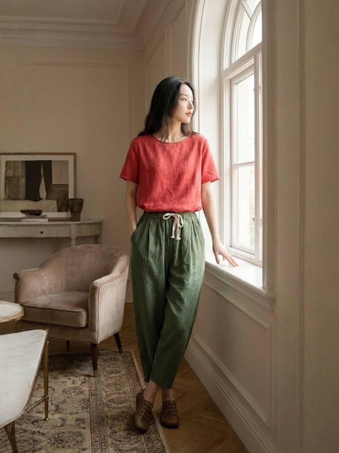 Pantalón de Lino con Cordón Mujer Tobillos