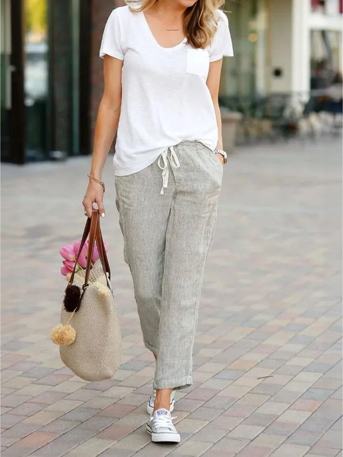 Pantalón de Lino con Cordón Mujer Tobillos