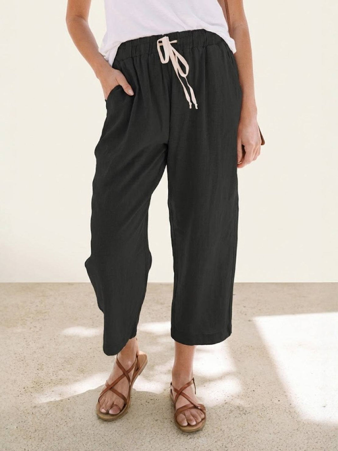 Pantalón de Lino con Cordón Mujer Tobillos