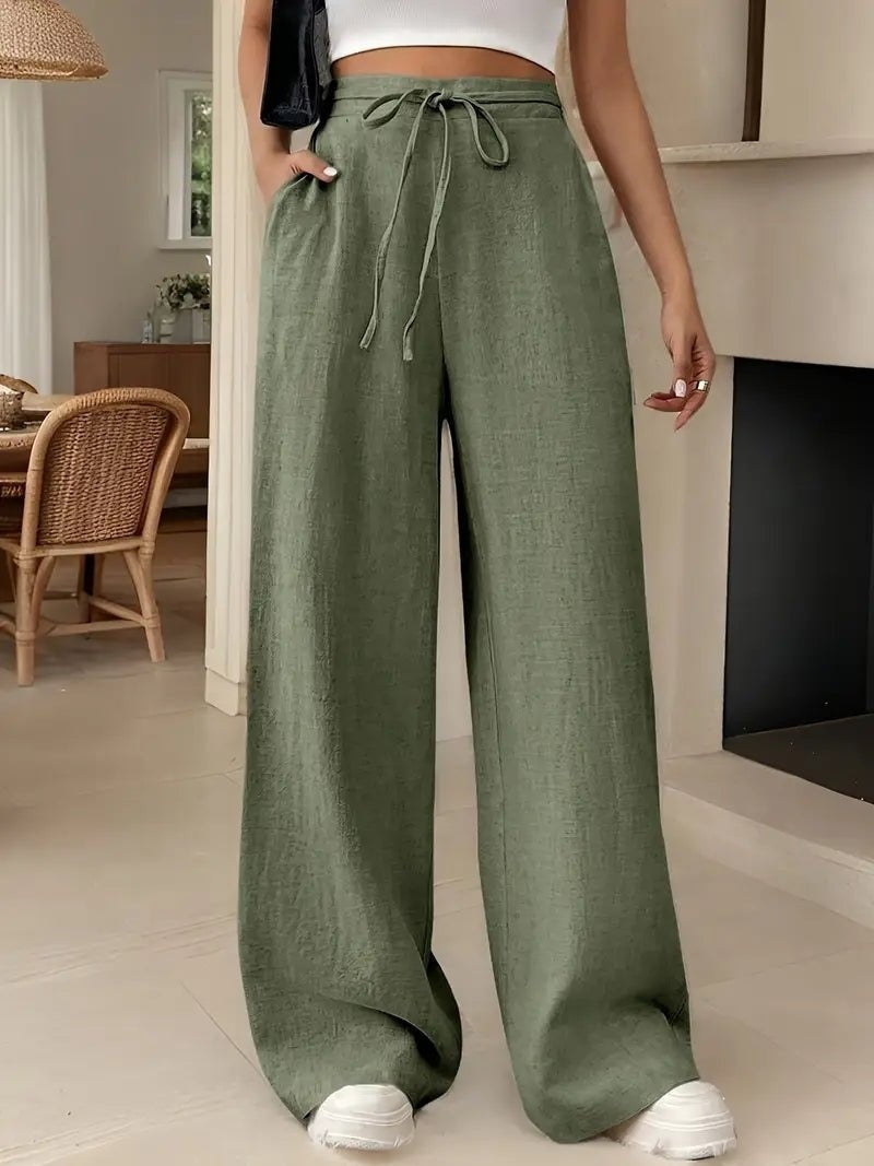 Pantalón Palazzo de Lino Mujer Cintura Alta Cordón