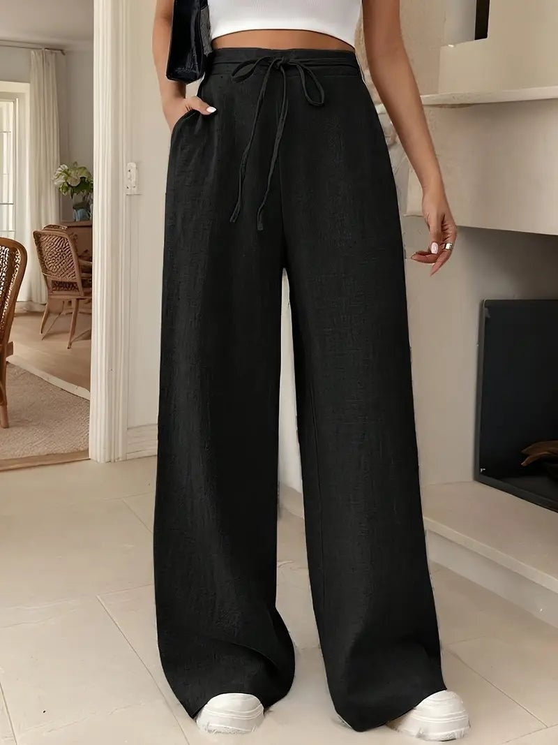 Pantalón Palazzo de Lino Mujer Cintura Alta Cordón