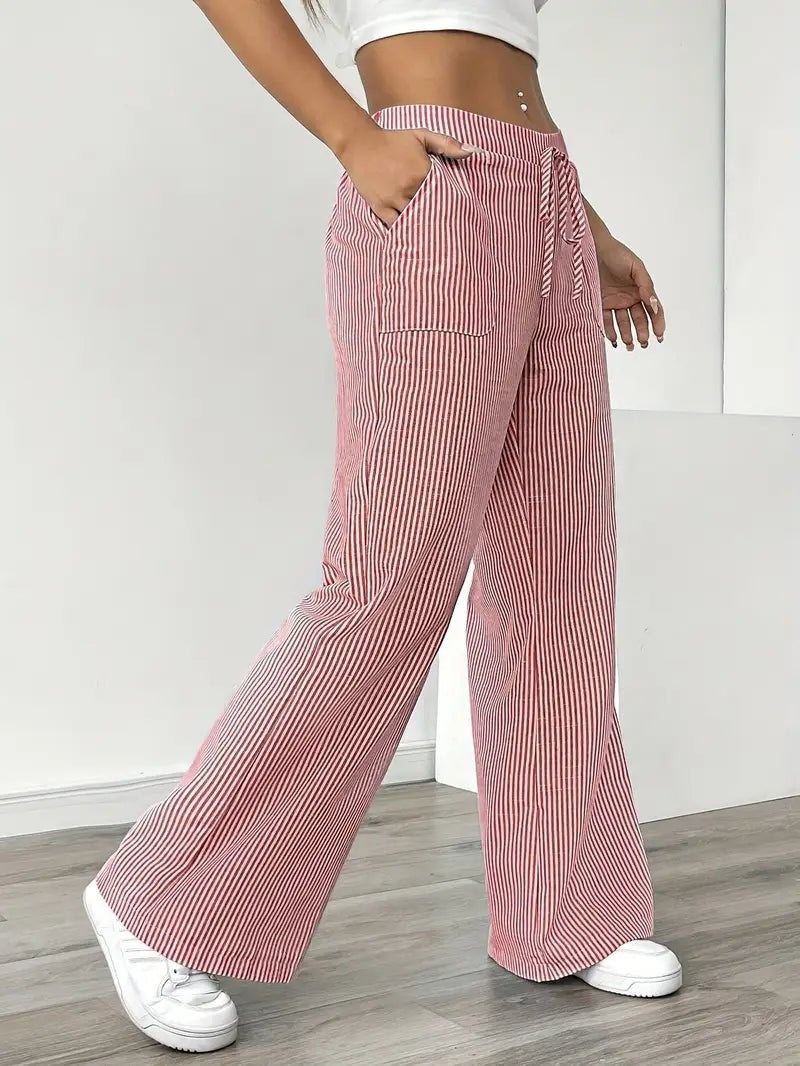 Pantalón Palazzo de Rayas Verticales Mujer Cintura Ajustable