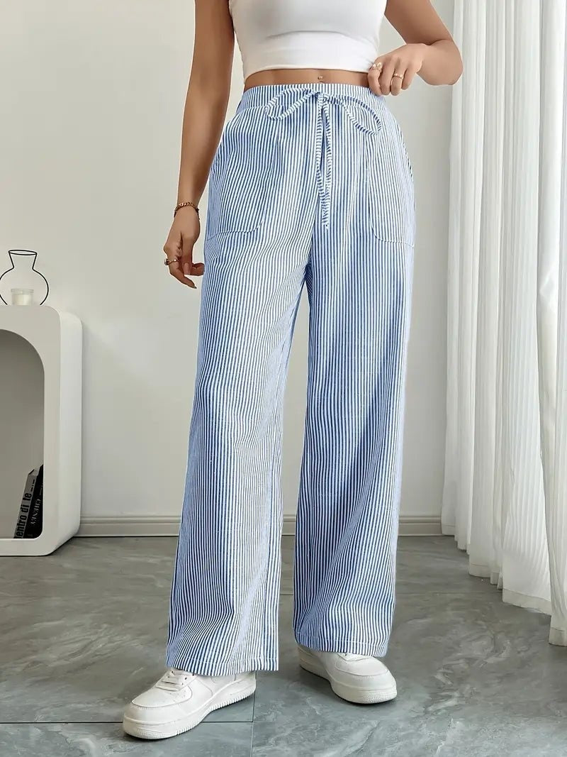 Pantalón Palazzo de Rayas Verticales Mujer Cintura Ajustable