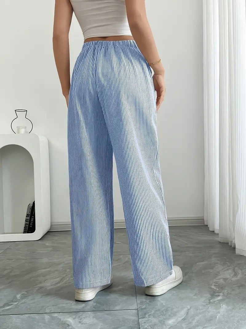 Pantalón Palazzo de Rayas Verticales Mujer Cintura Ajustable
