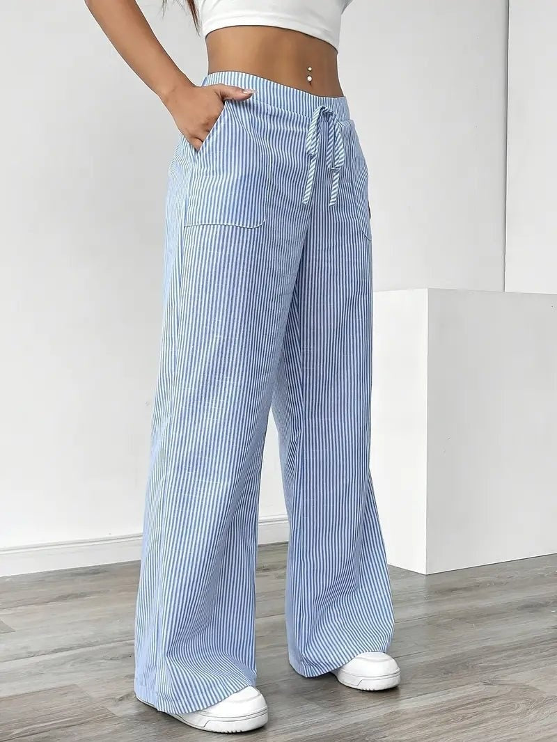 Pantalón Palazzo de Rayas Verticales Mujer Cintura Ajustable