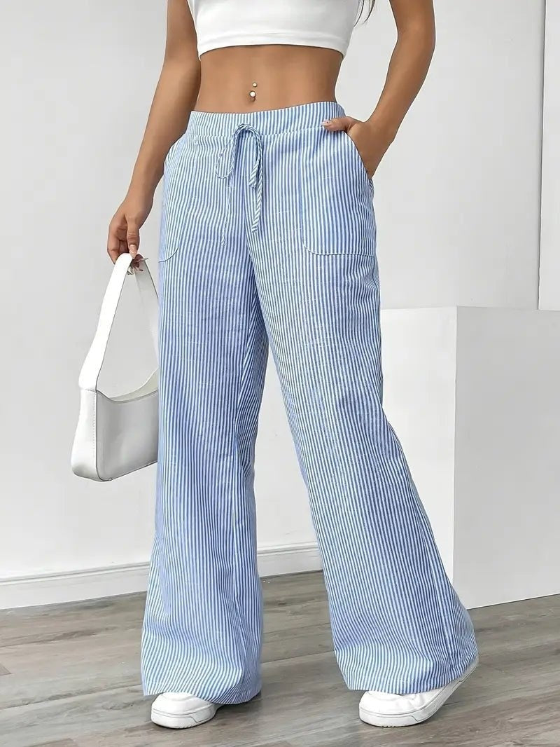 Pantalón Palazzo de Rayas Verticales Mujer Cintura Ajustable