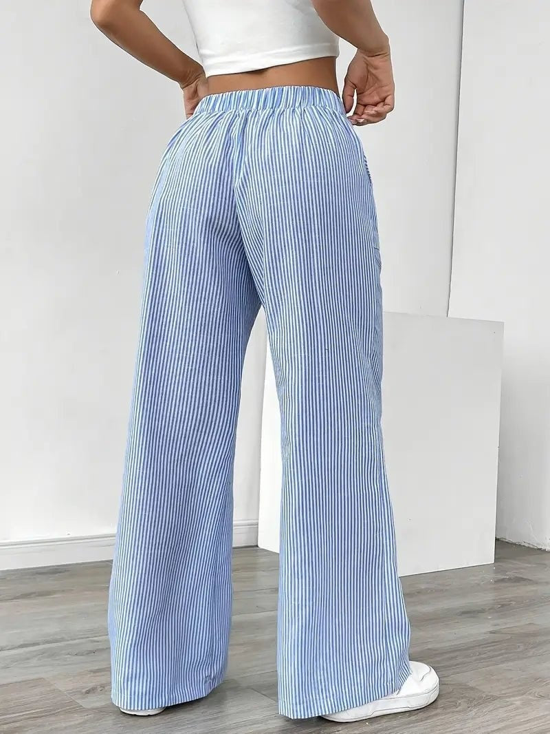 Pantalón Palazzo de Rayas Verticales Mujer Cintura Ajustable