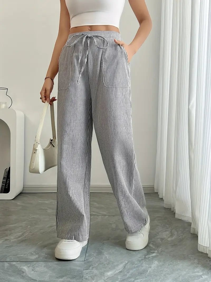 Pantalón Palazzo de Rayas Verticales Mujer Cintura Ajustable