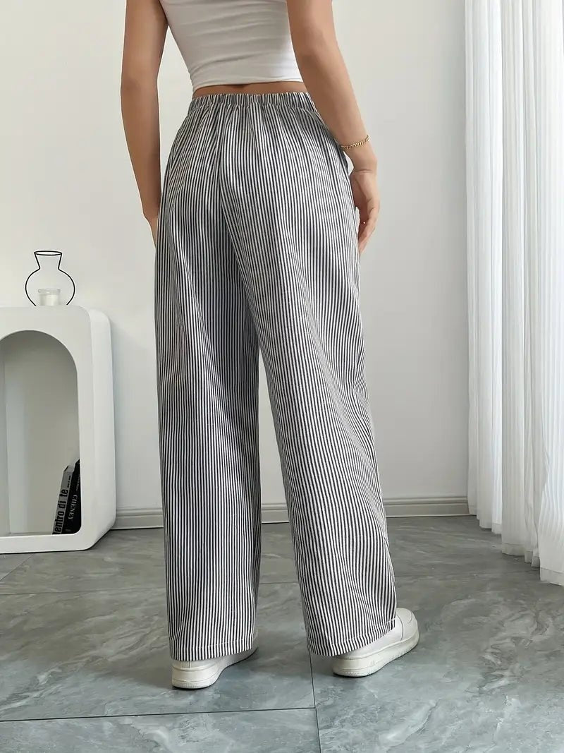 Pantalón Palazzo de Rayas Verticales Mujer Cintura Ajustable
