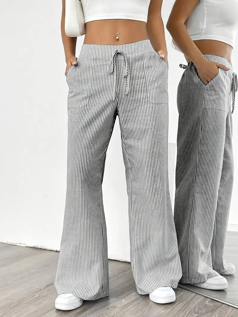 Pantalón Palazzo de Rayas Verticales Mujer Cintura Ajustable