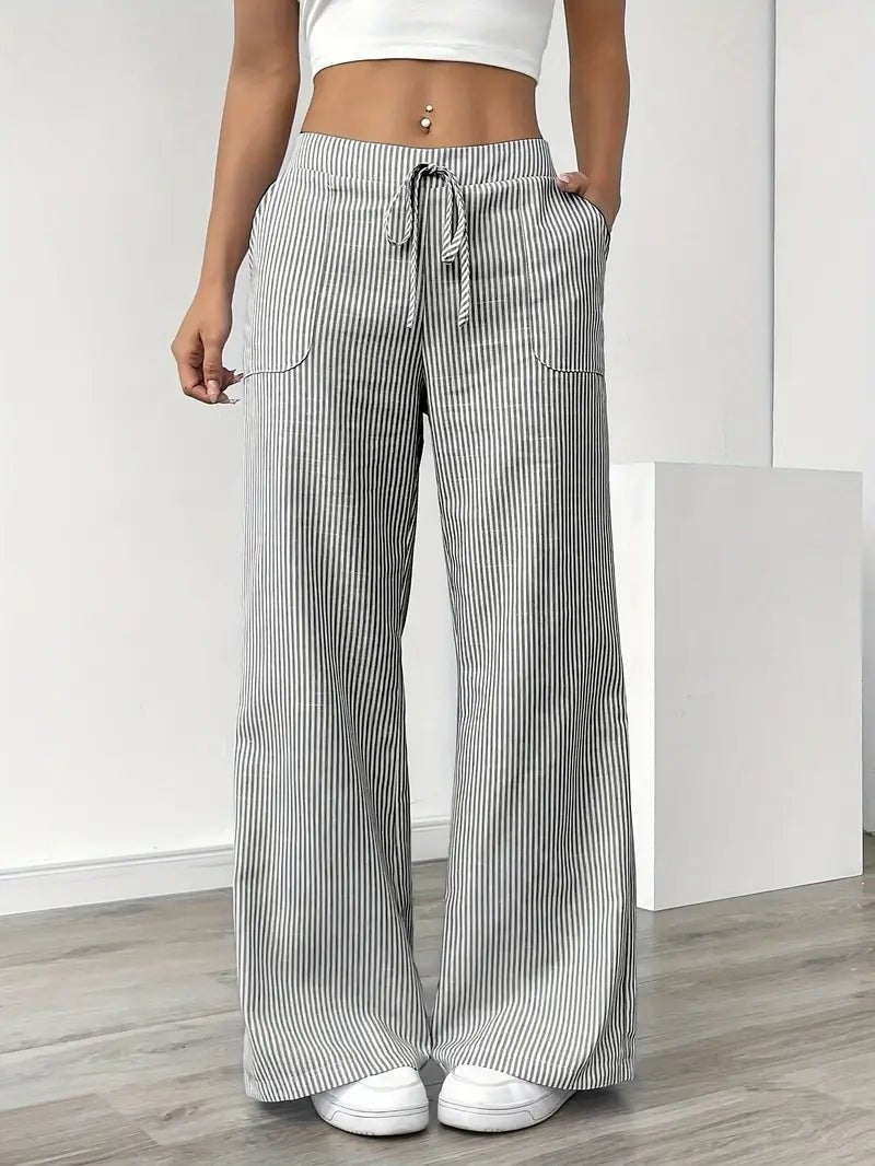 Pantalón Palazzo de Rayas Verticales Mujer Cintura Ajustable