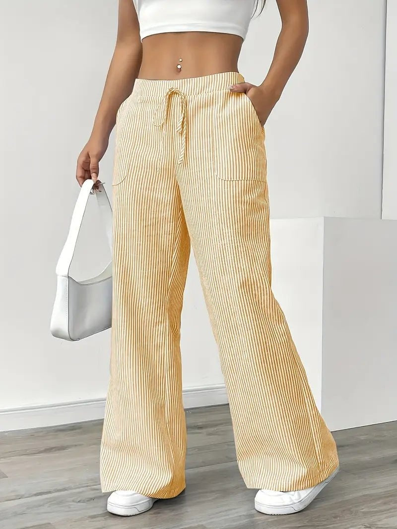 Pantalón Palazzo de Rayas Verticales Mujer Cintura Ajustable