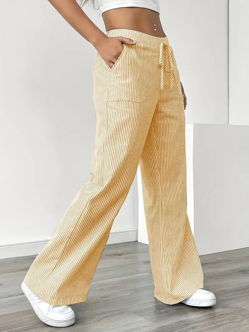 Pantalón Palazzo de Rayas Verticales Mujer Cintura Ajustable