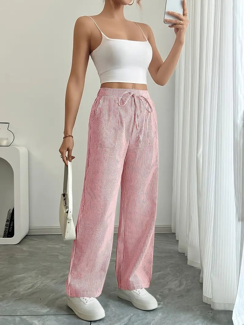 Pantalón Palazzo de Rayas Verticales Mujer Cintura Ajustable