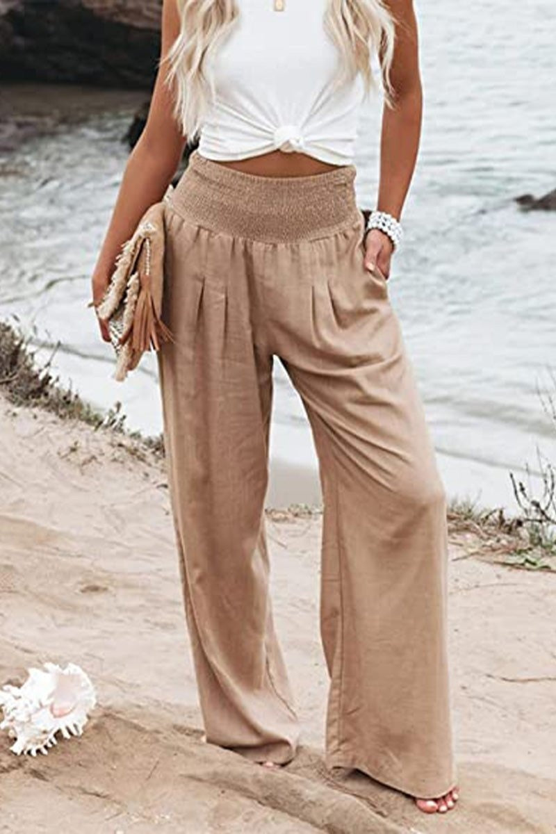 Pantalón Palazzo Fluido de Lino Mujer Cintura Alta