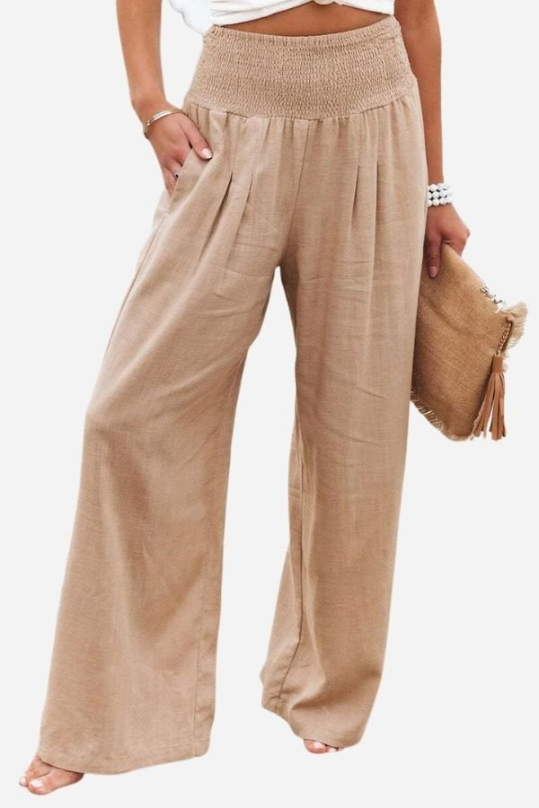 Pantalón Palazzo Fluido de Lino Mujer Cintura Alta