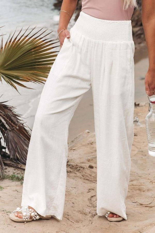 Pantalón Palazzo Fluido de Lino Mujer Cintura Alta