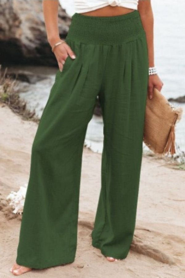 Pantalón Palazzo Fluido de Lino Mujer Cintura Alta