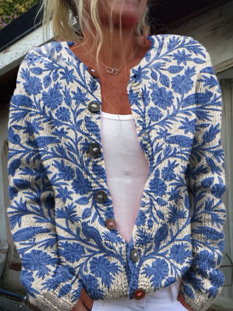 Pilar | Chaqueta de Punto Estampado Floral Mujer Manga Larga