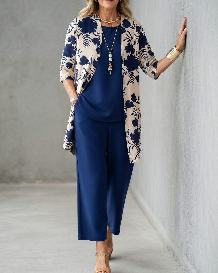 Pilar | Conjunto Elegante Mujer 3 Piezas Pantalón Fluido Chaqueta Floral
