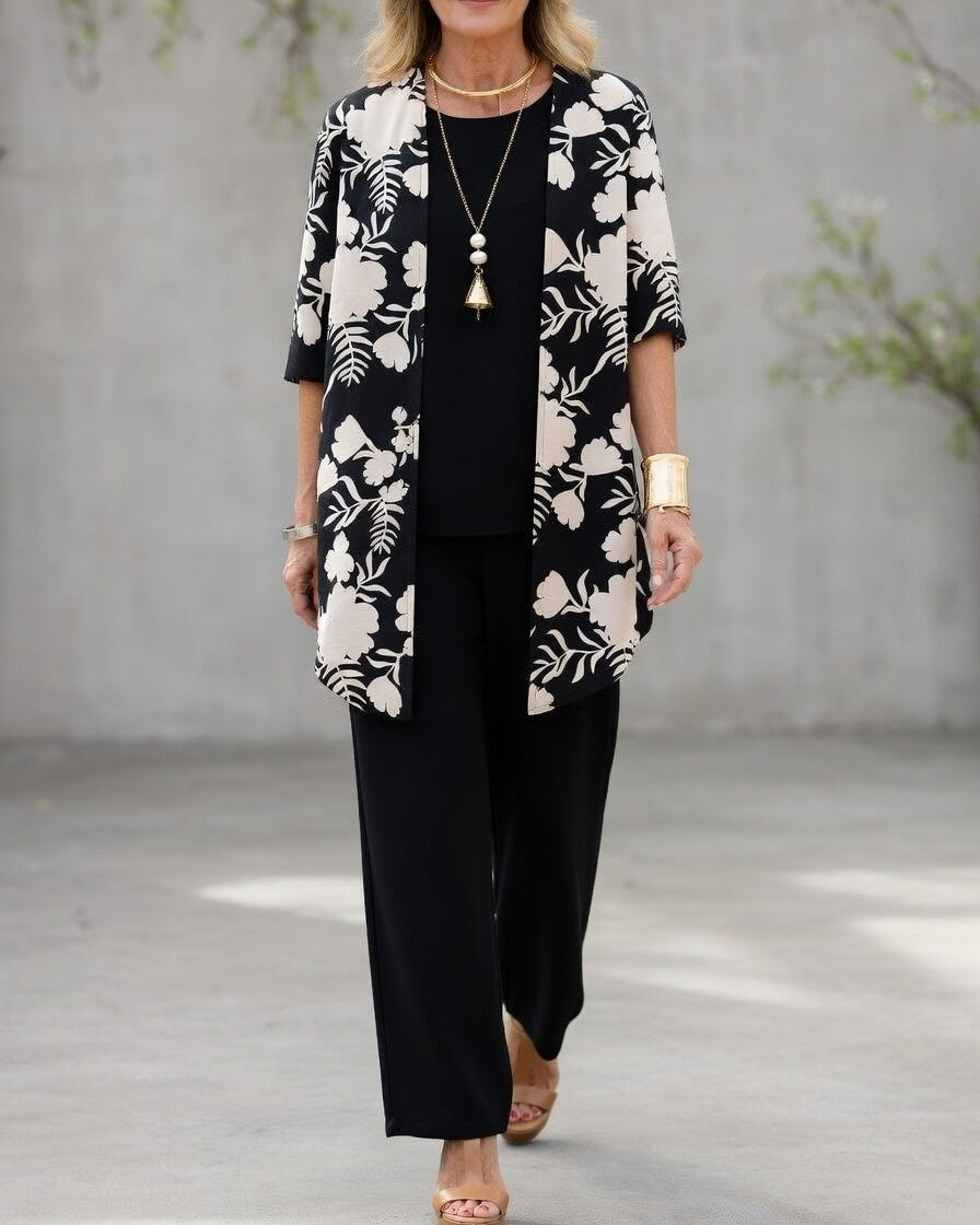Pilar | Conjunto Elegante Mujer 3 Piezas Pantalón Fluido Chaqueta Floral