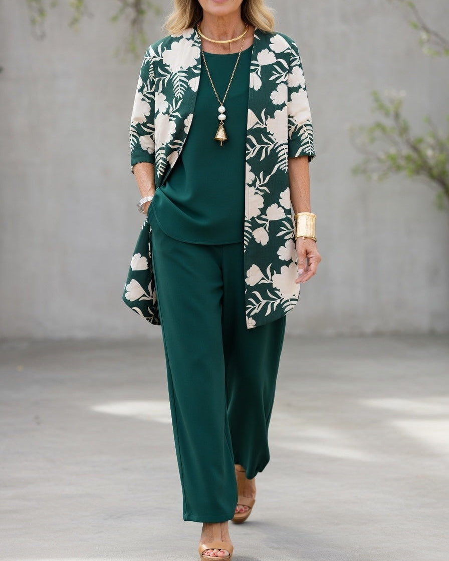 Pilar | Conjunto Elegante Mujer 3 Piezas Pantalón Fluido Chaqueta Floral