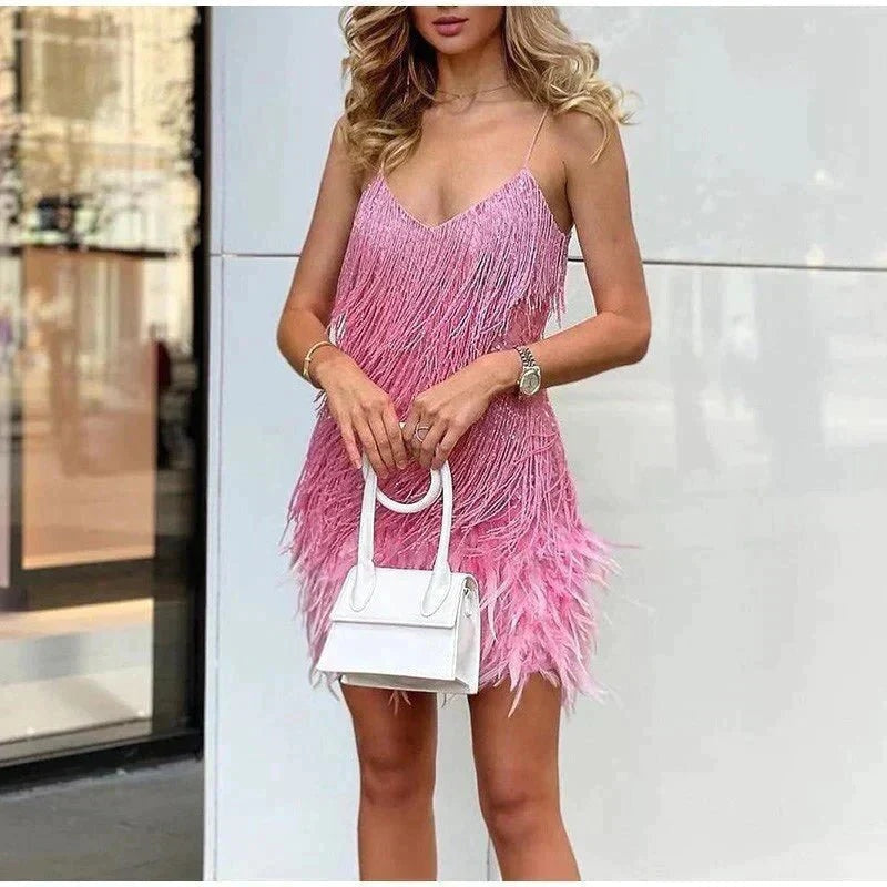 Pilar | Vestido Corto de Cóctel con Flecos Mujer Tirantes