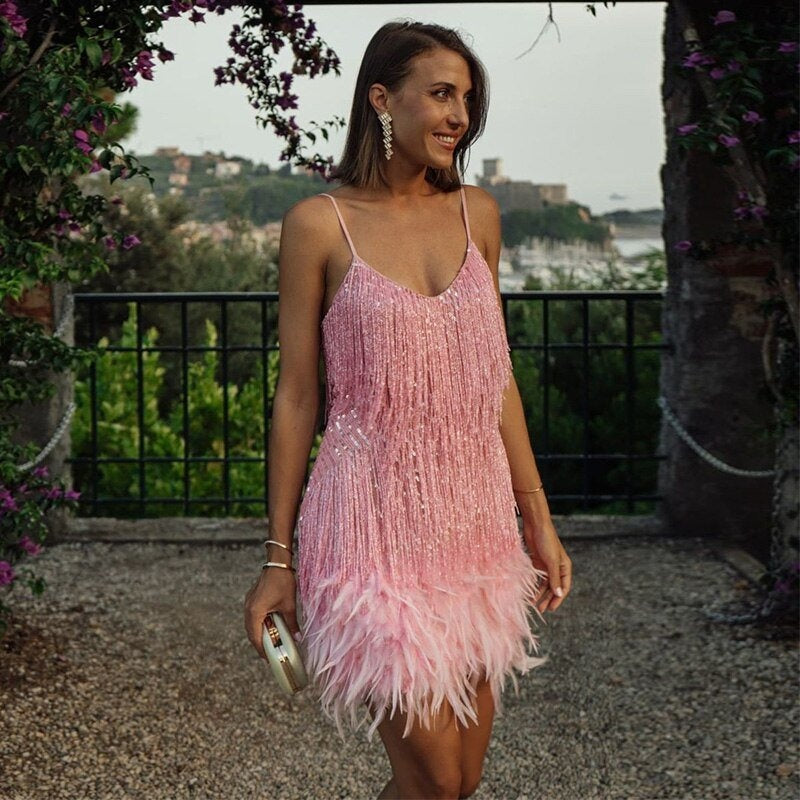Pilar | Vestido Corto de Cóctel con Flecos Mujer Tirantes
