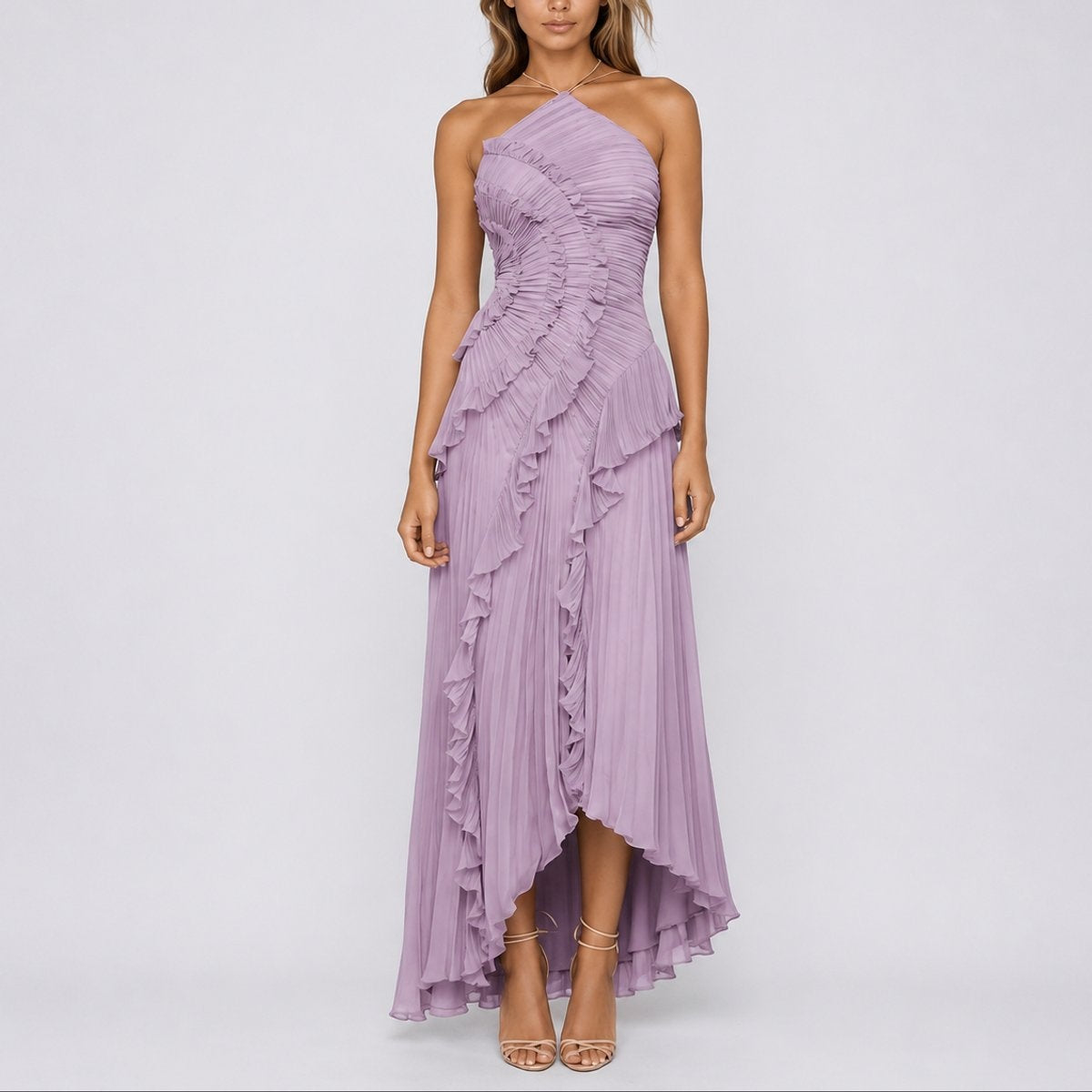 Pilar | Vestido Invitada Otoño Plisado con Volantes Mujer Cuello Halter