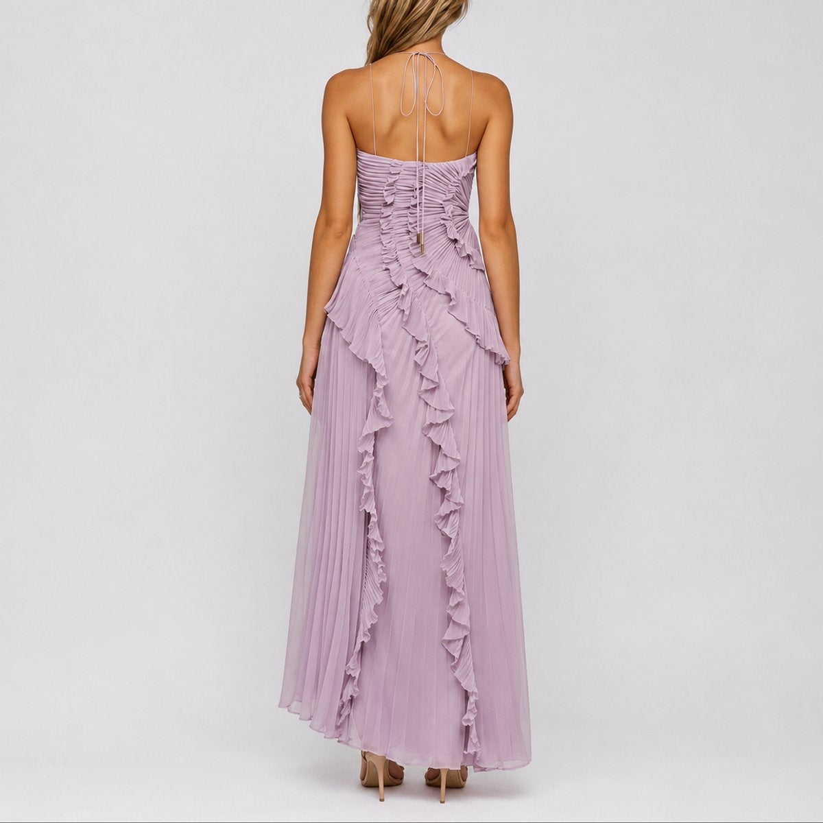 Pilar | Vestido Invitada Otoño Plisado con Volantes Mujer Cuello Halter