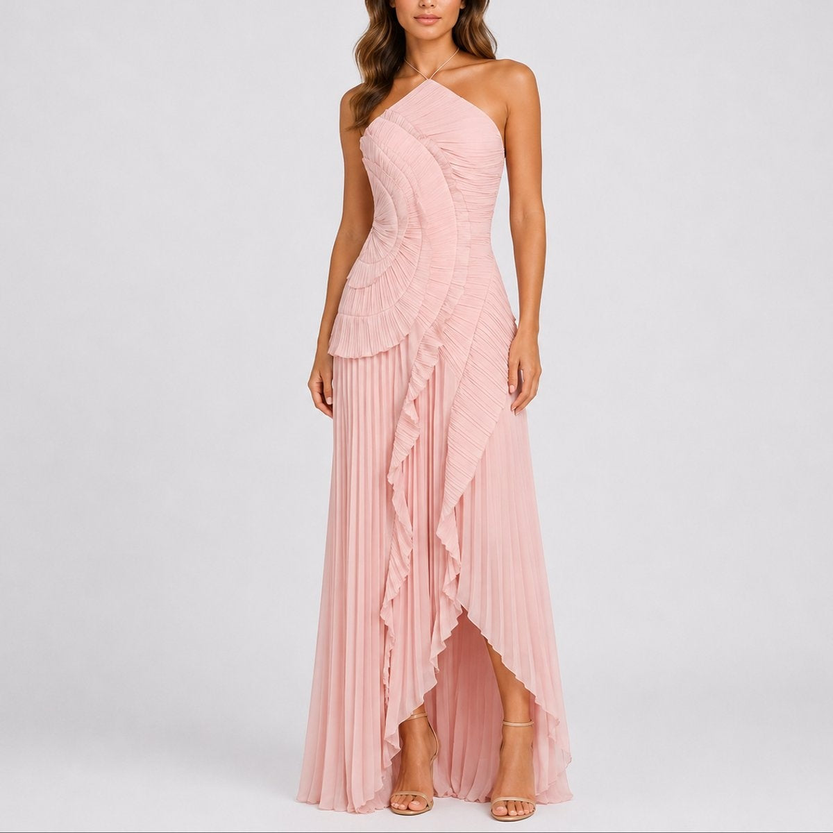 Pilar | Vestido Invitada Otoño Plisado con Volantes Mujer Cuello Halter