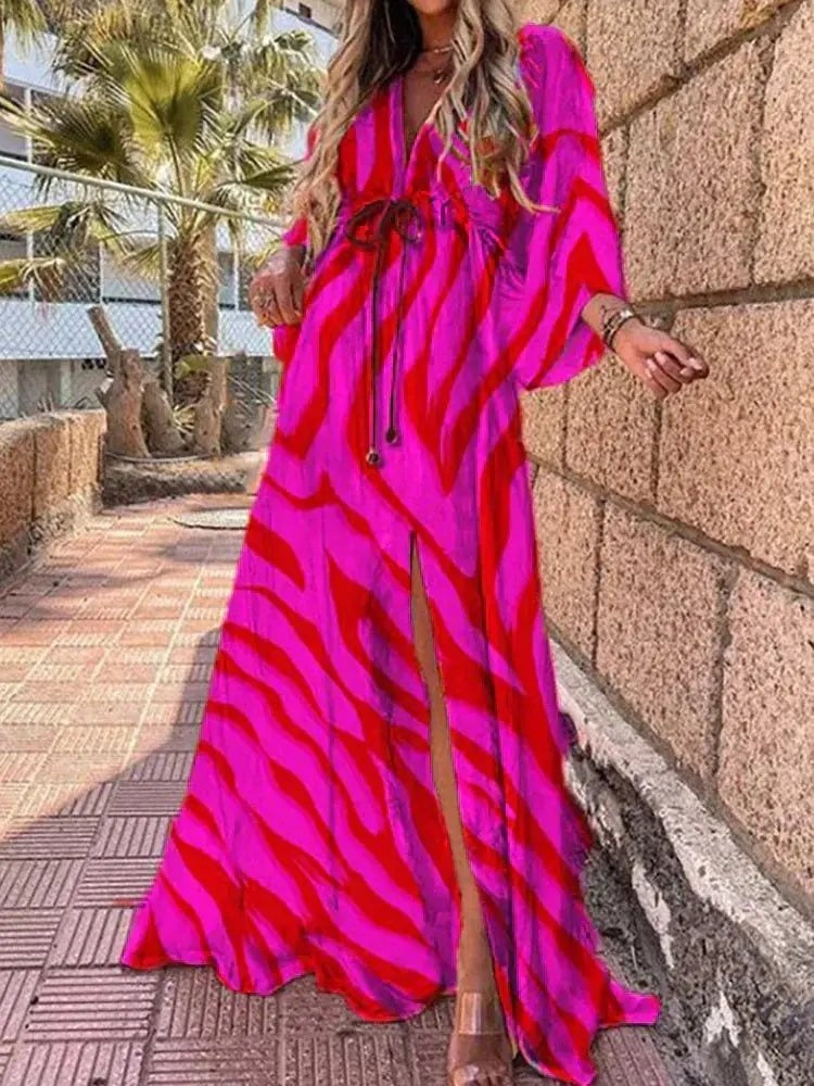 Pilar | Vestido Largo Kimono Estampado Abstracto Mujer Escote V