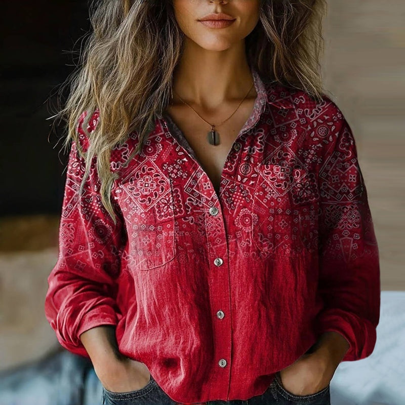 Raquel | Camisa de Manga Larga Estampada Mujer Botones Cuello Solapa