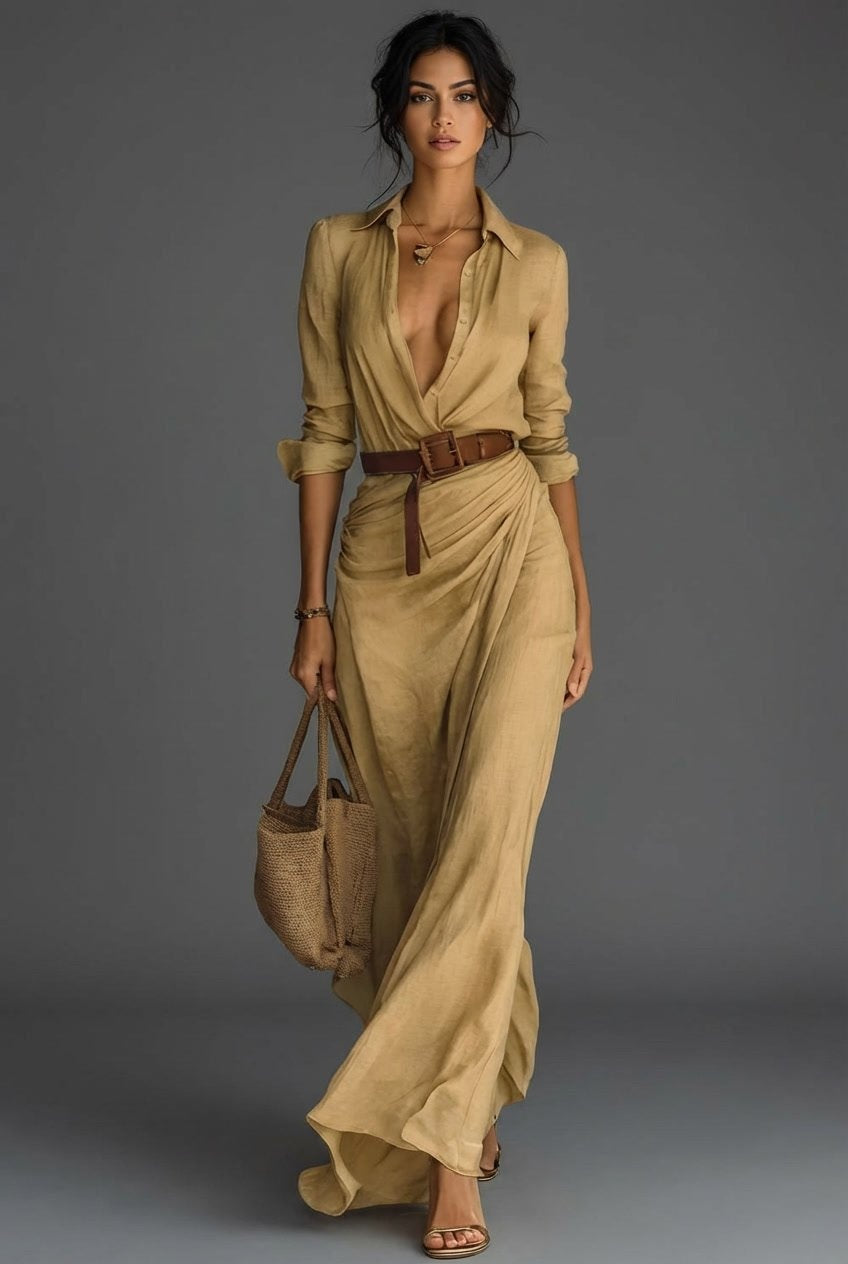 Raquel | Vestido Camisero Largo Drapeado Mujer Cinturón