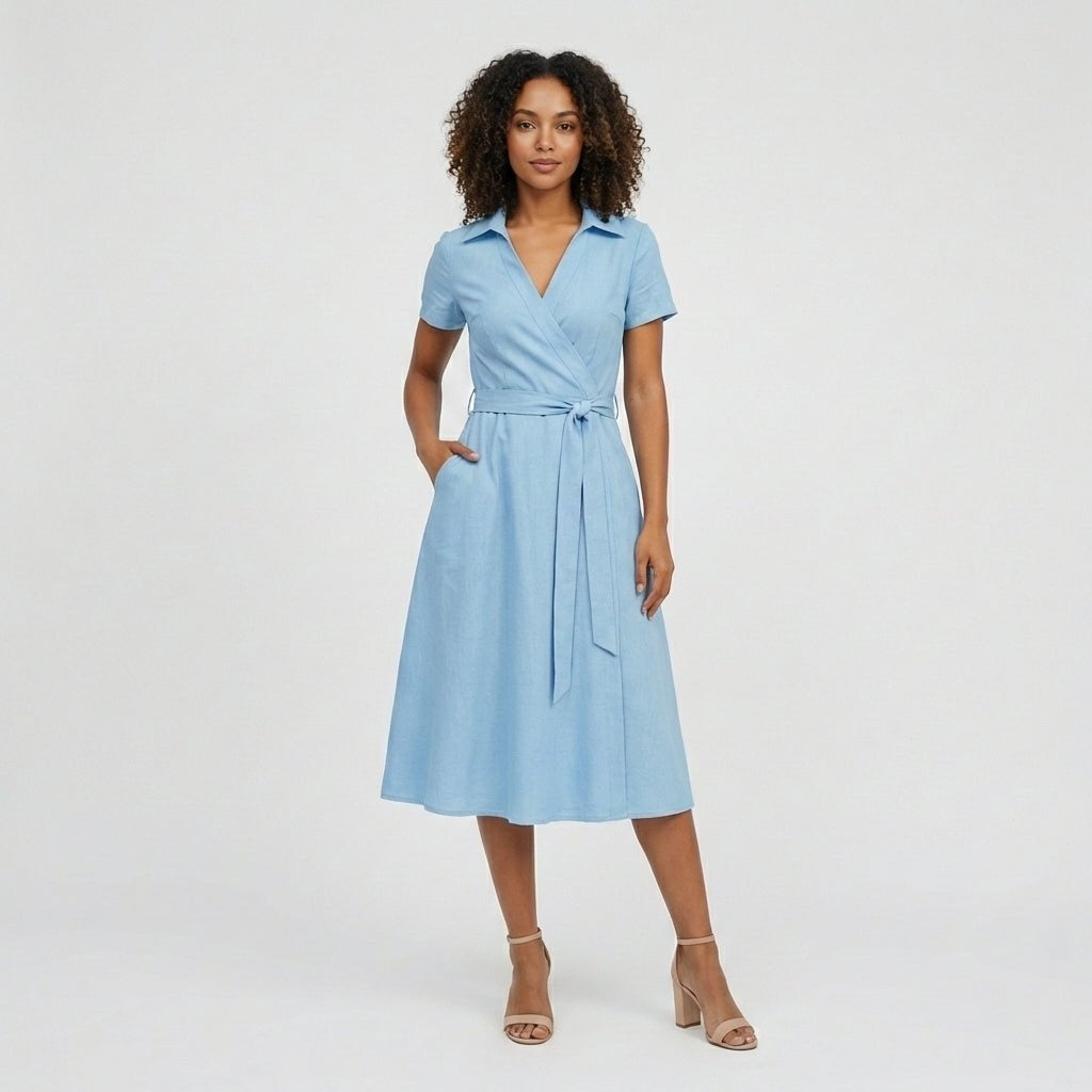 Raquel | Vestido Midi Camisero Cruzado Mujer Cinturón Manga Corta