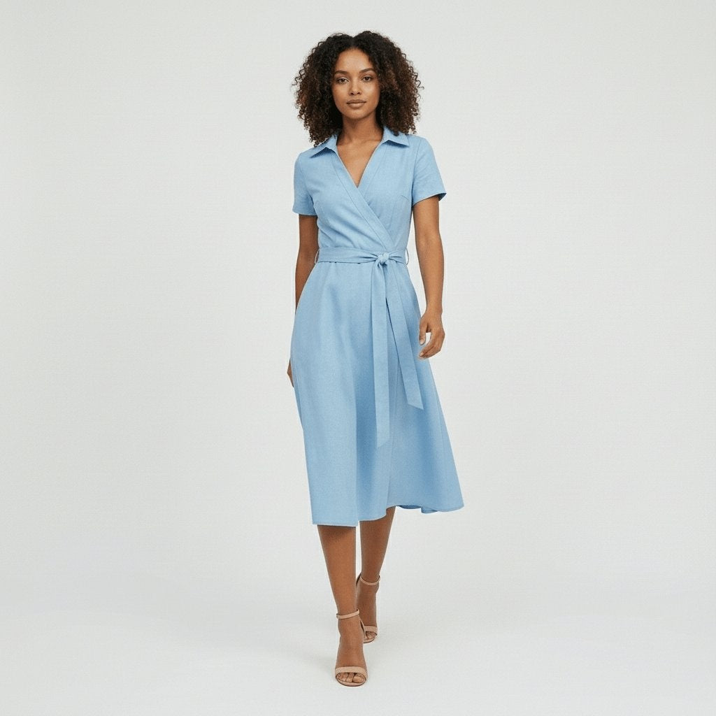 Raquel | Vestido Midi Camisero Cruzado Mujer Cinturón Manga Corta