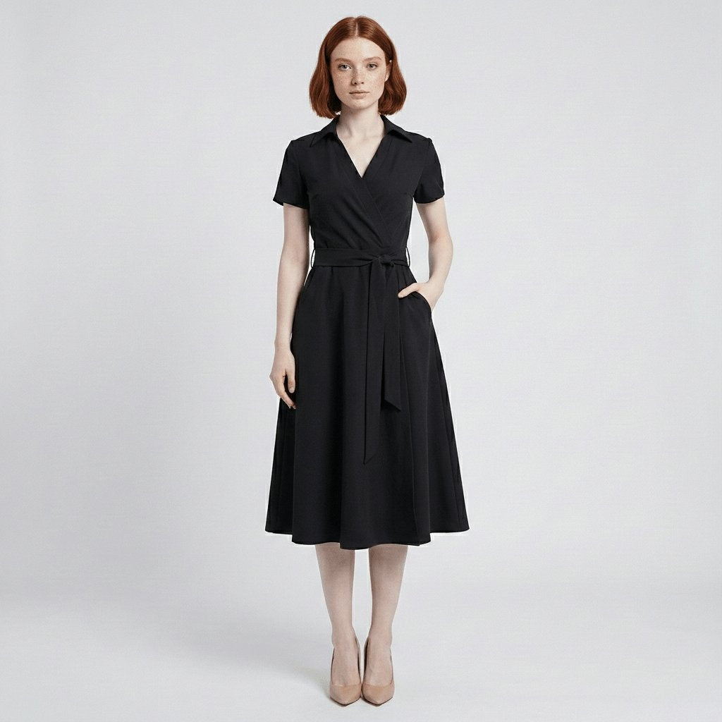 Raquel | Vestido Midi Camisero Cruzado Mujer Cinturón Manga Corta