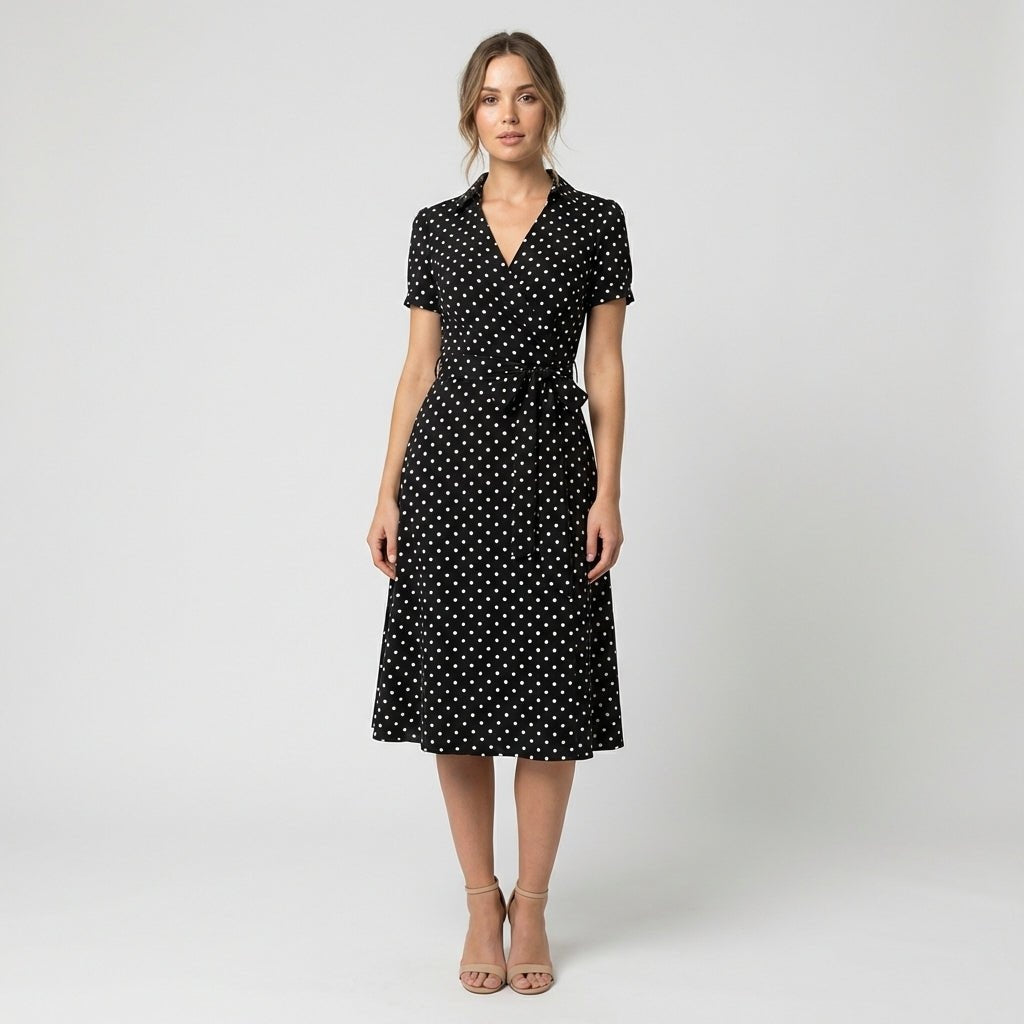 Raquel | Vestido Midi Camisero Cruzado Mujer Cinturón Manga Corta