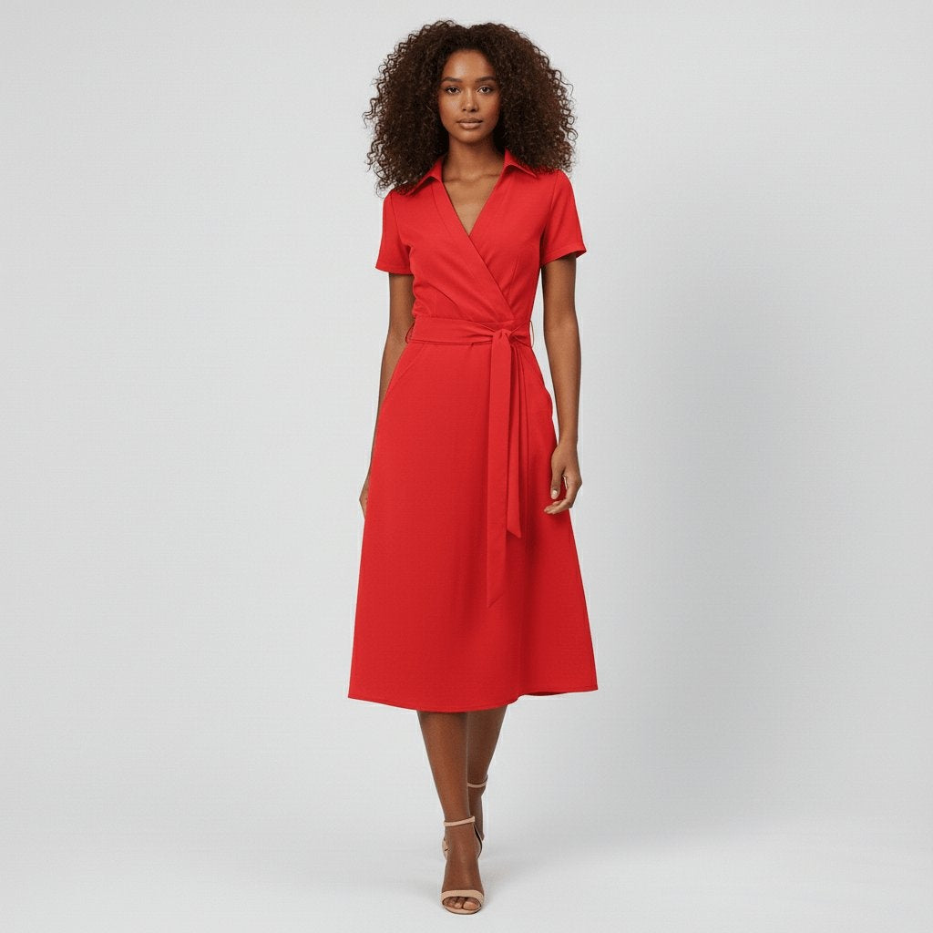 Raquel | Vestido Midi Camisero Cruzado Mujer Cinturón Manga Corta